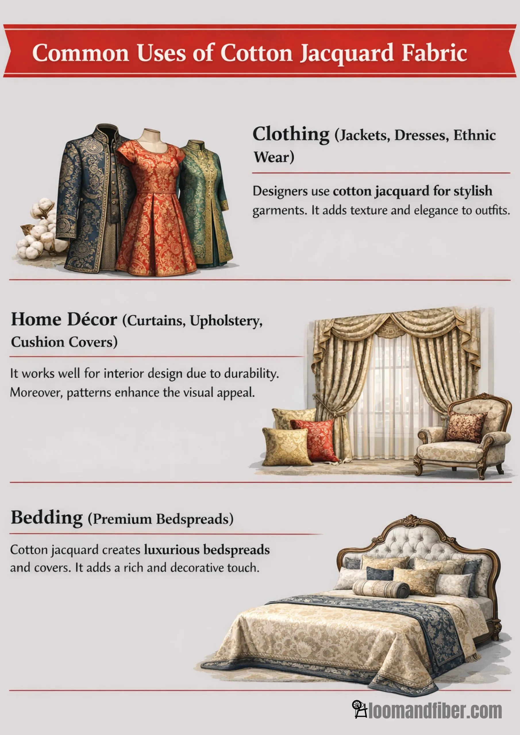 Infographic showing common uses of cotton jacquard fabric in clothing, home décor, and bedding