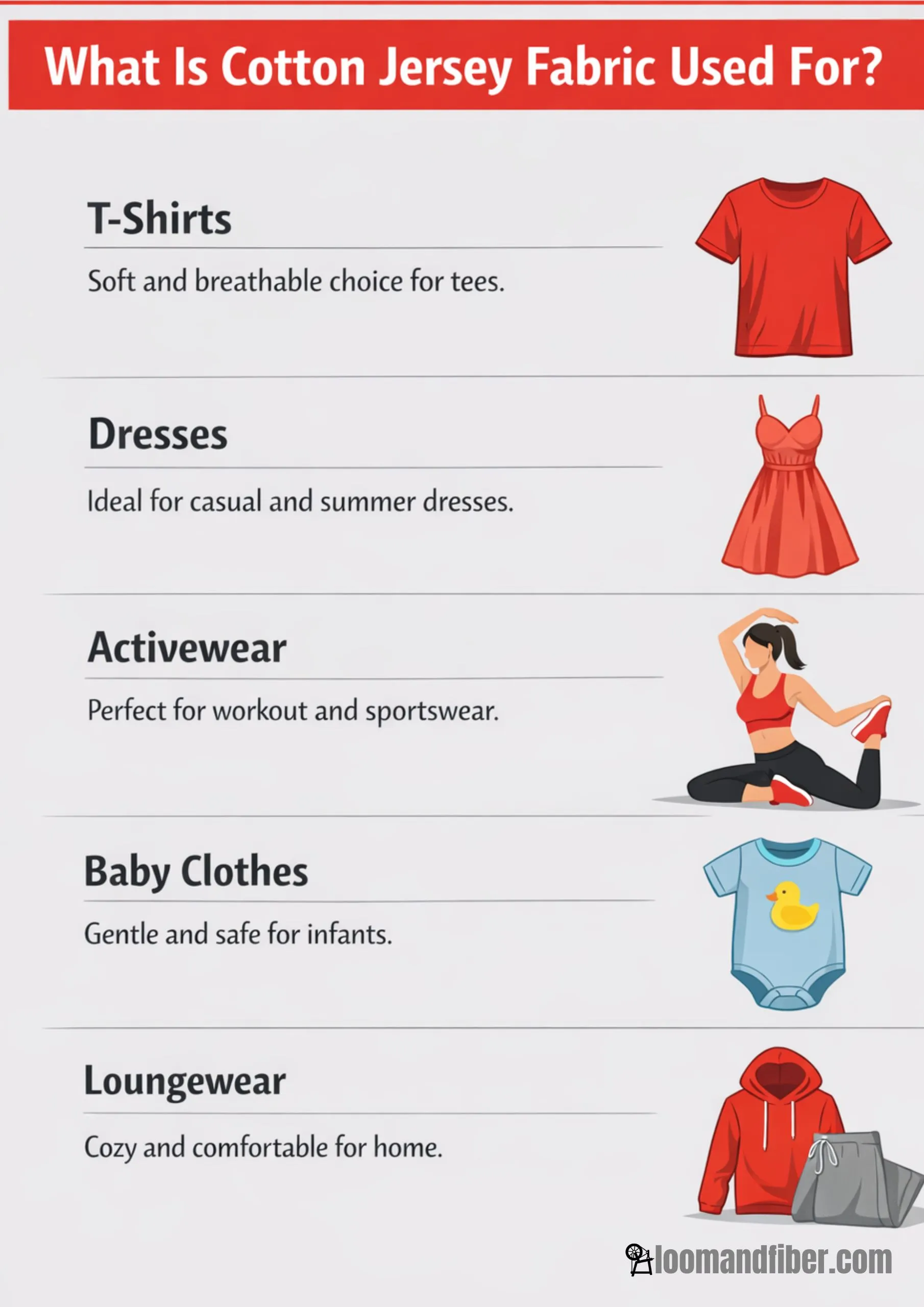 Common uses of cotton jersey fabric including t-shirts, dresses, and activewear