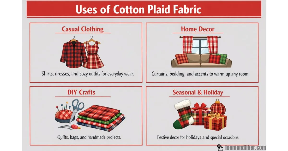 Infographic showing uses of cotton plaid fabric in clothing, home decor, DIY crafts, and seasonal items