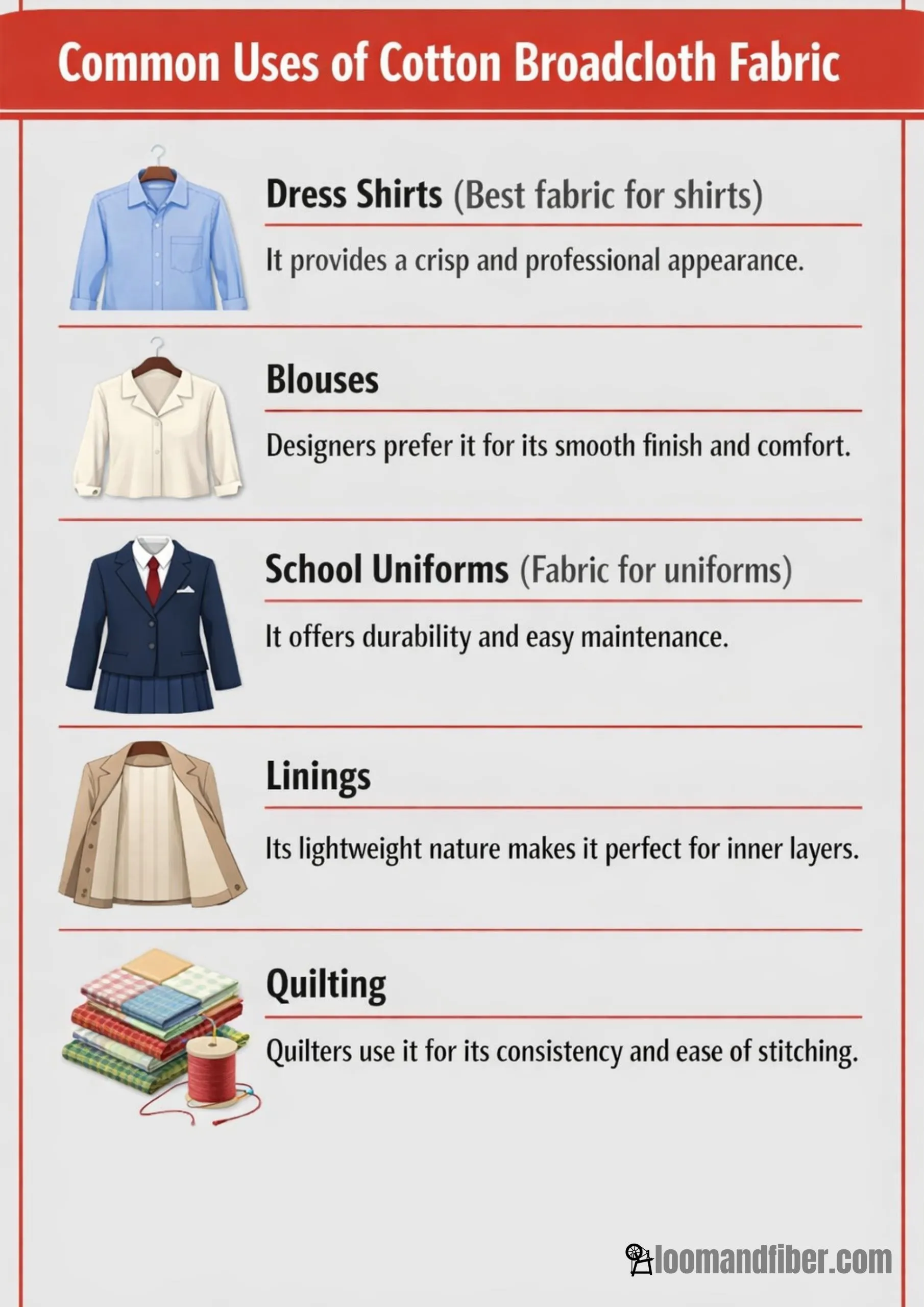 Infographic showing common uses of cotton broadcloth fabric like shirts, uniforms, and quilting