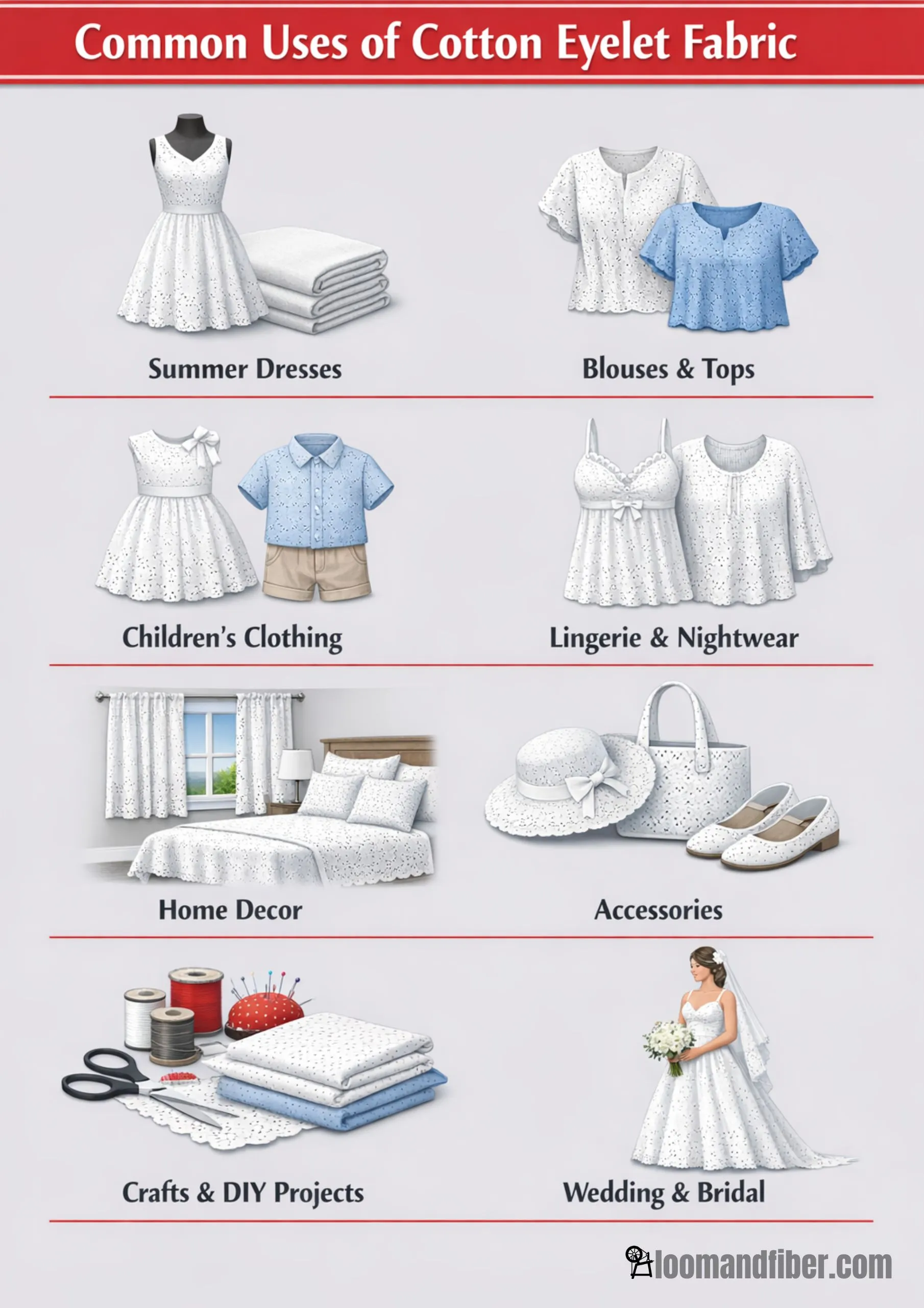 Infographic displaying various applications of cotton eyelet fabric including clothing, home décor, and accessories