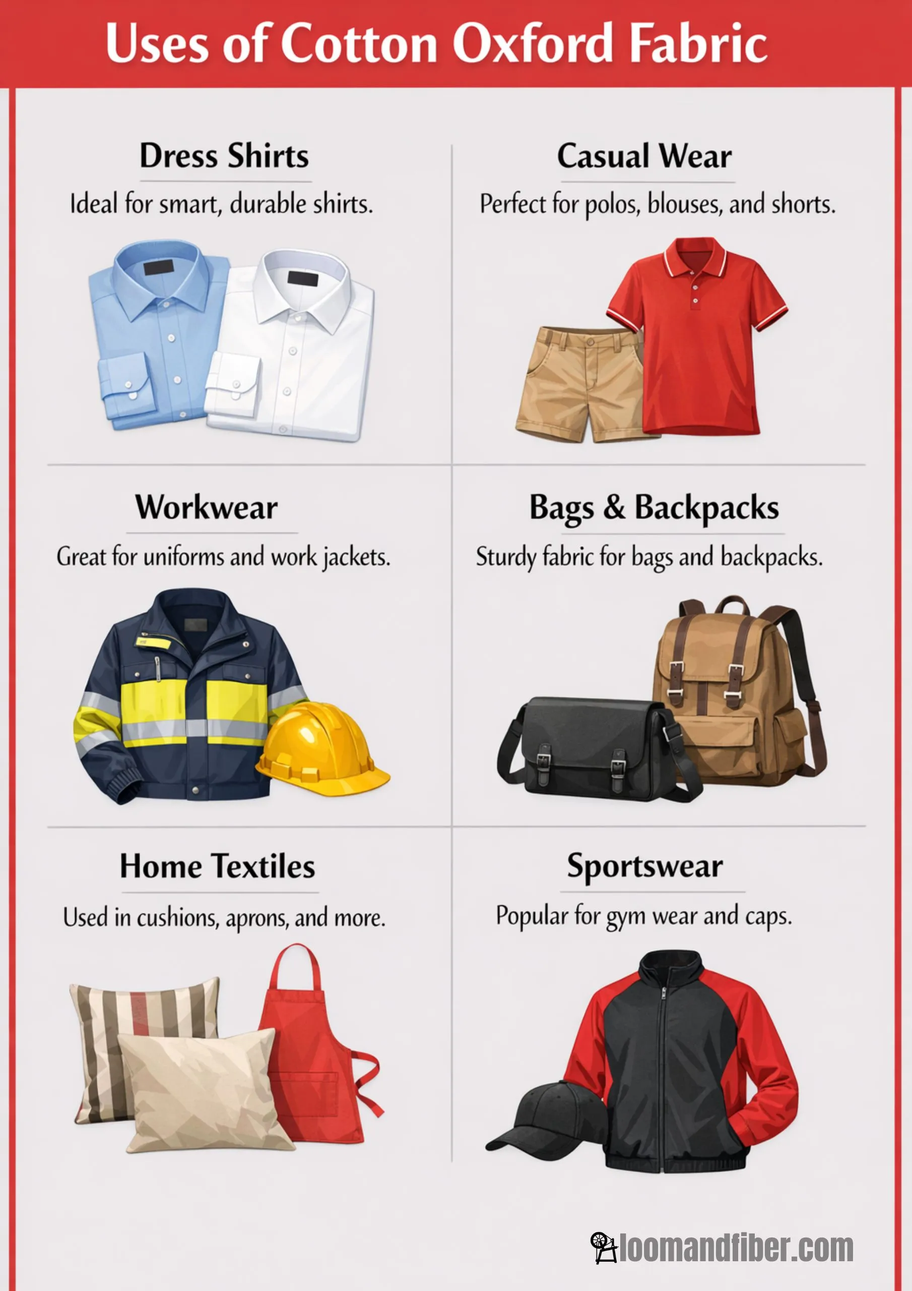  Infographic showing various uses of Cotton Oxford fabric with matching visuals.