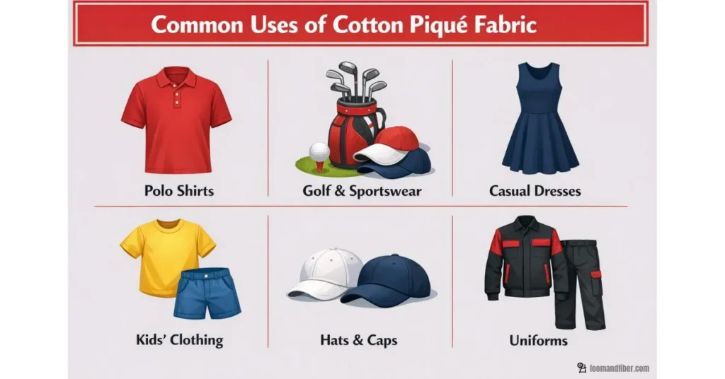 common uses of cotton pique fabric infographic with polo shirts, sportswear and home textiles