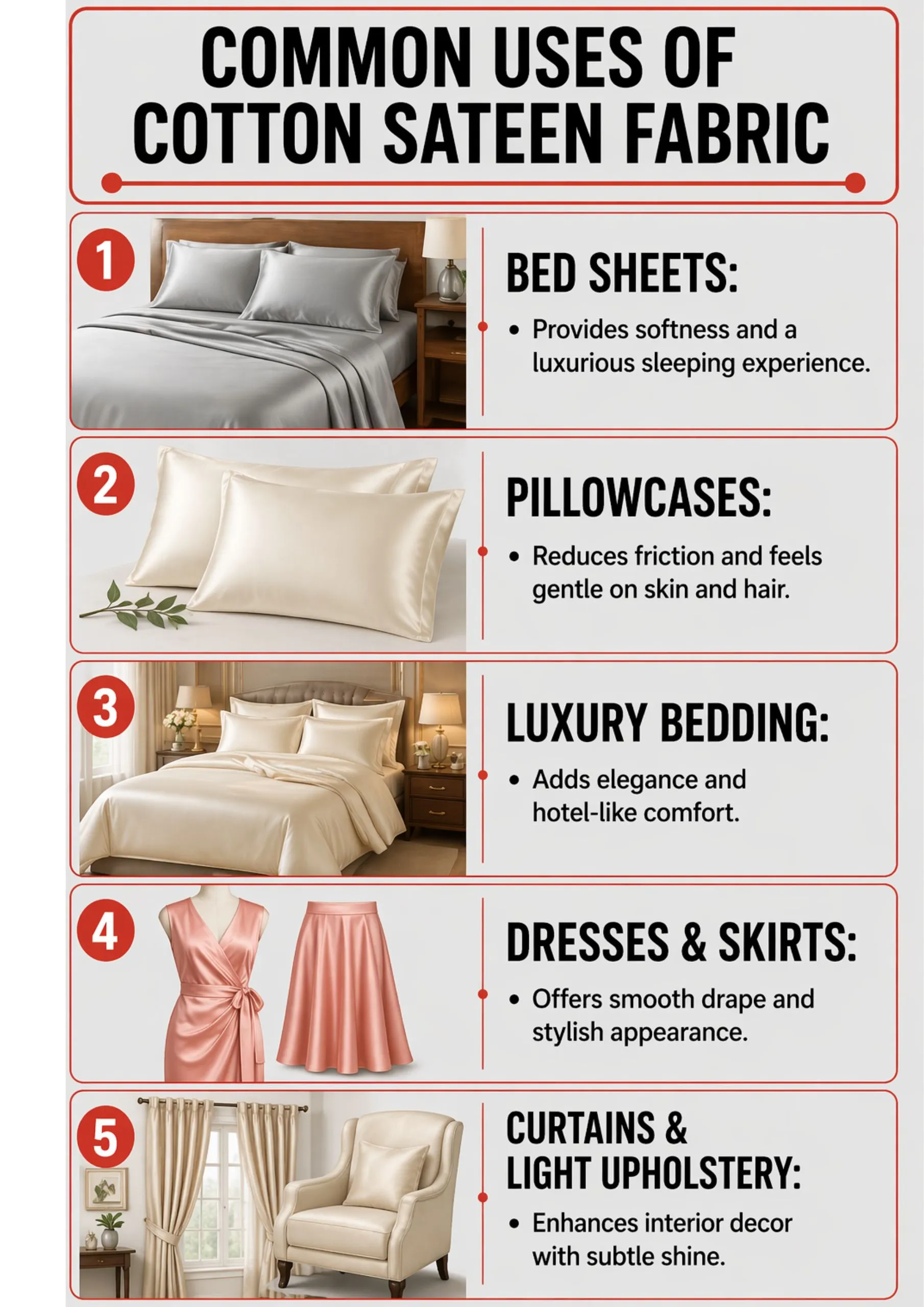 Common uses of cotton sateen fabric in bedding, clothing, and decor