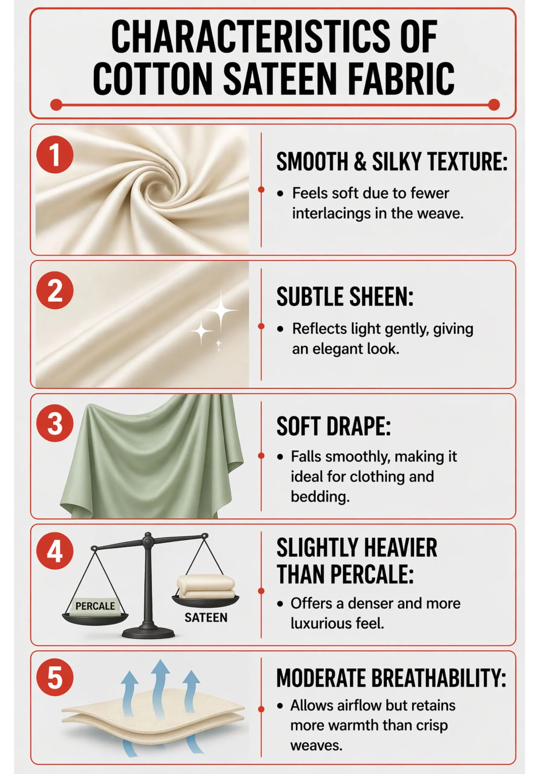 Key characteristics of cotton sateen fabric like softness and sheen