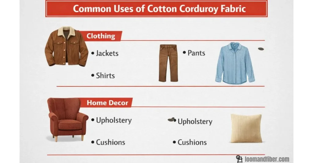 Infographic displaying common uses of cotton corduroy fabric in clothing and home décor.