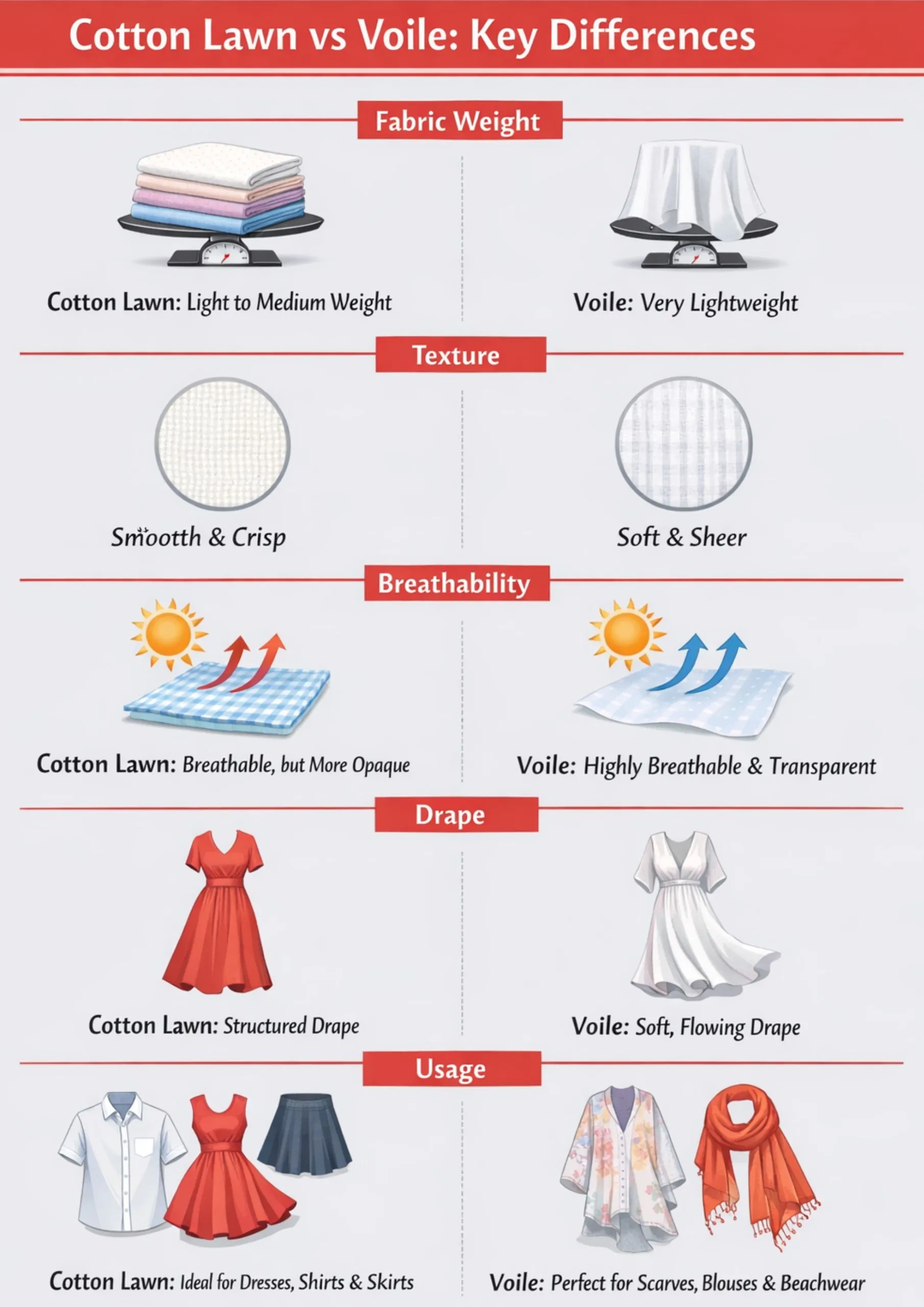 Infographic comparing cotton lawn vs voile fabric showing differences in weave, texture, breathability, sheerness, durability, and price.
