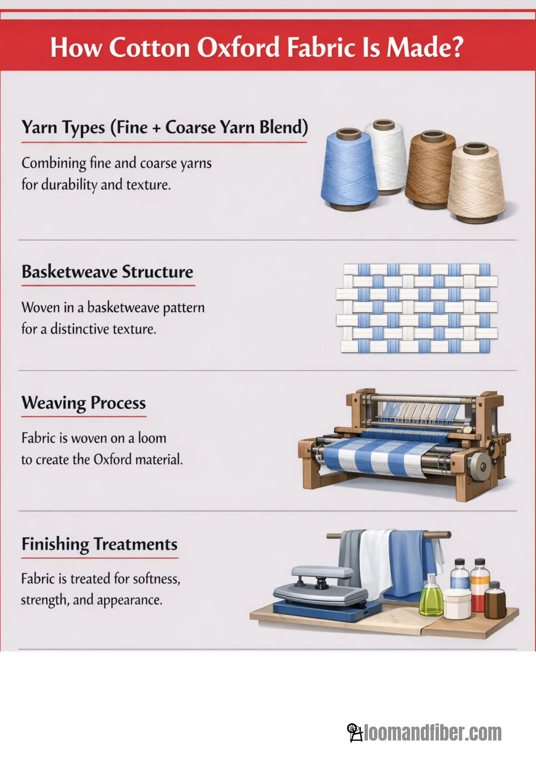 Infographic explaining the production process of Cotton Oxford fabric