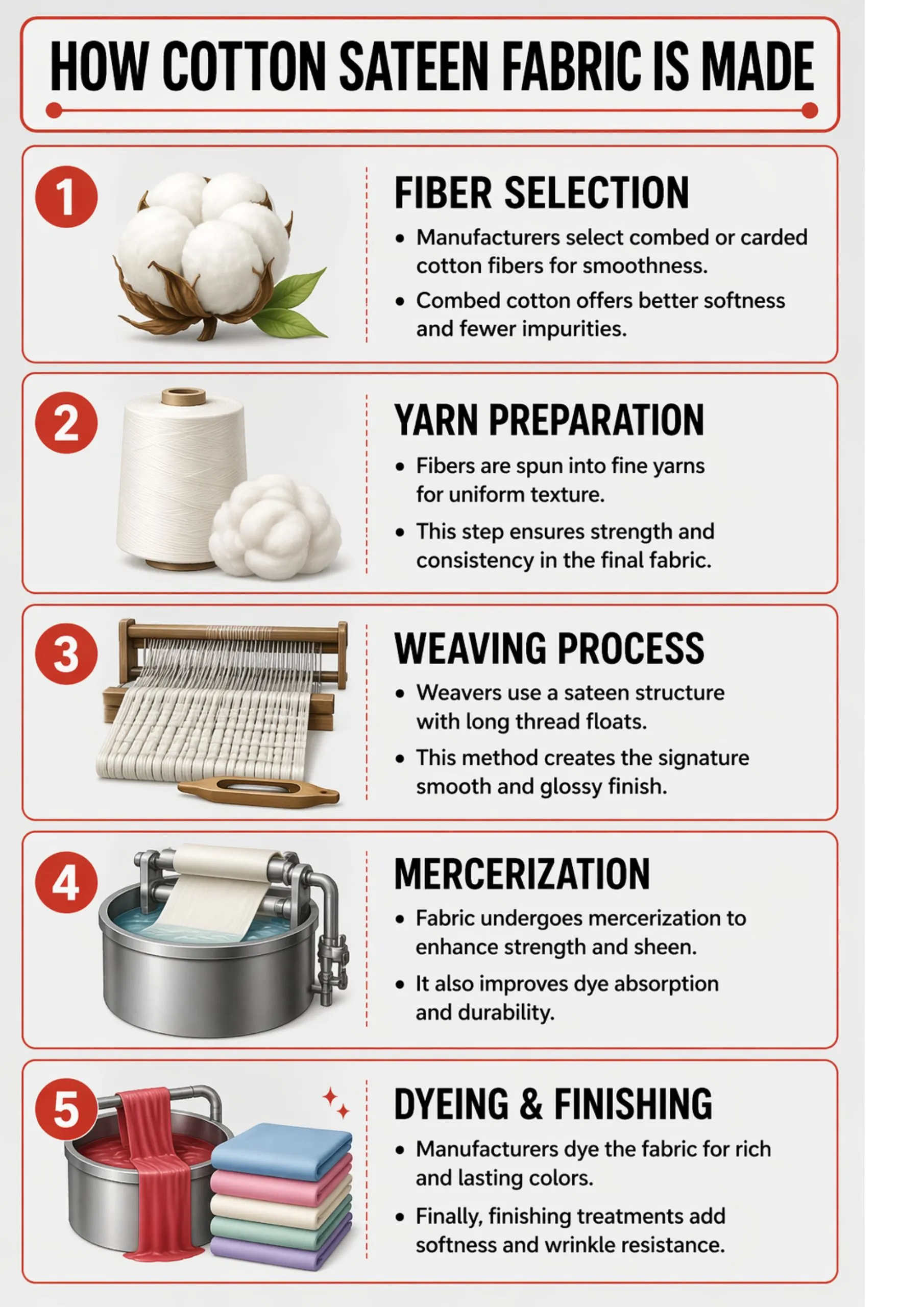 Step-by-step process of cotton sateen fabric production infographic