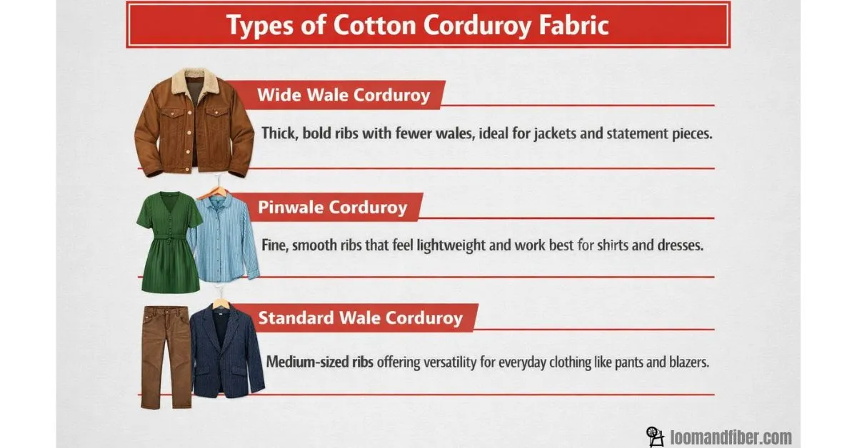 Infographic showing types of cotton corduroy fabric with wide wale, pinwale, and standard wale examples