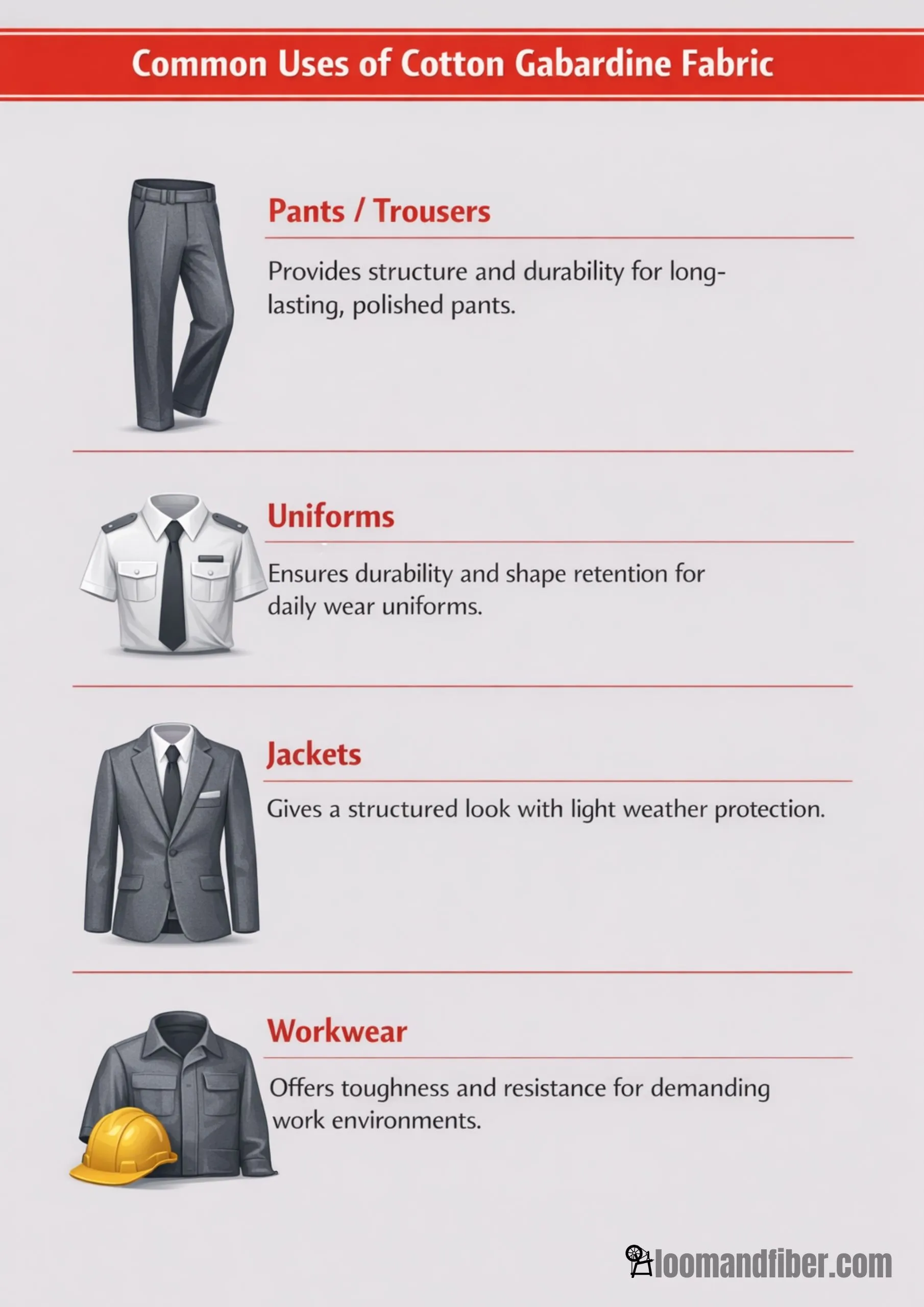 Infographic displaying common uses of cotton gabardine fabric in clothing