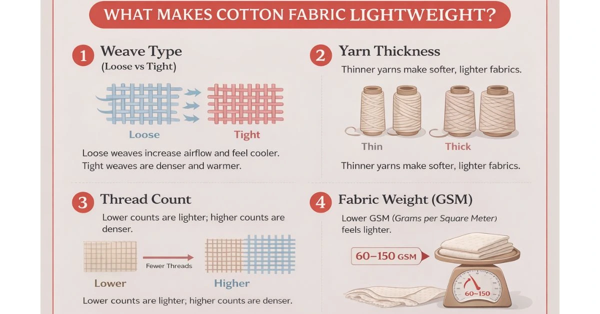 Infographic explaining what makes cotton fabric lightweight with weave yarn thread count and GSM