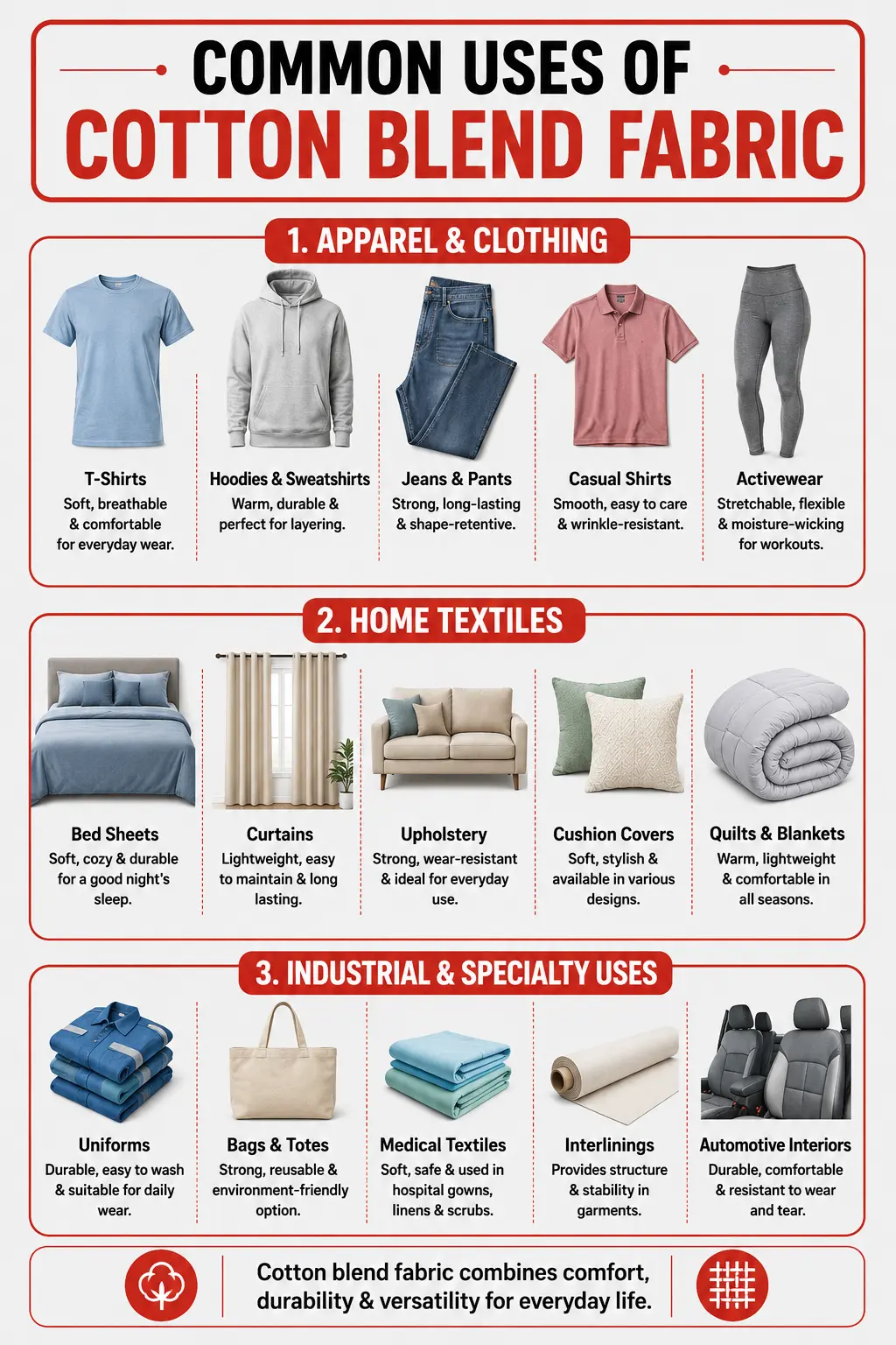 Infographic displaying common uses of cotton blend fabric in clothing, home textiles, and industrial products