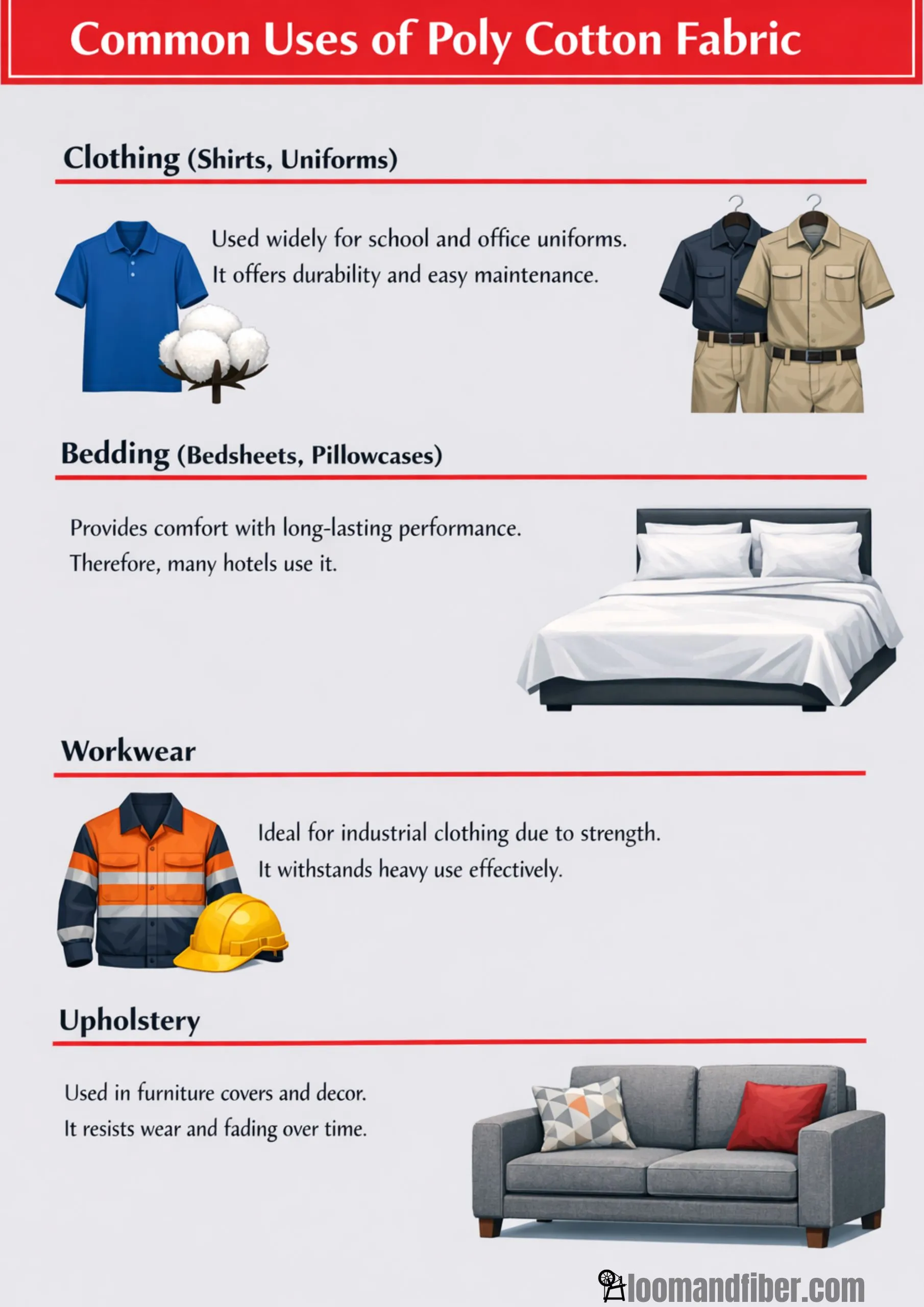 Infographic showing poly cotton uses in clothing, bedding, workwear, and upholstery