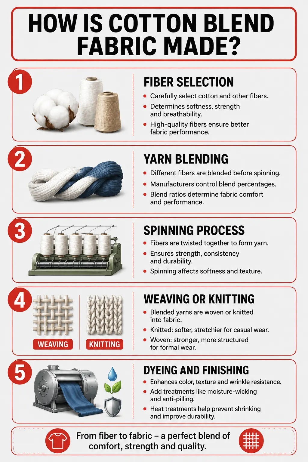 Infographic showing the cotton blend fabric manufacturing process from fiber selection to dyeing and finishing