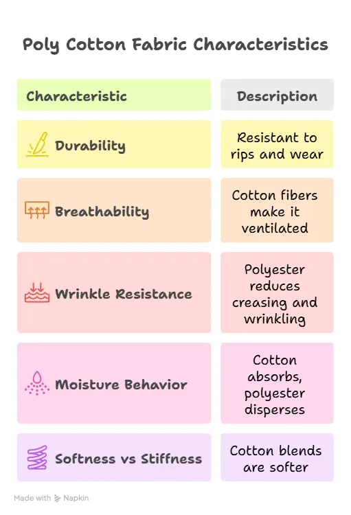 Key characteristics of poly cotton fabric infographic showing durability, breathability, wrinkle resistance, moisture behavior, and softness