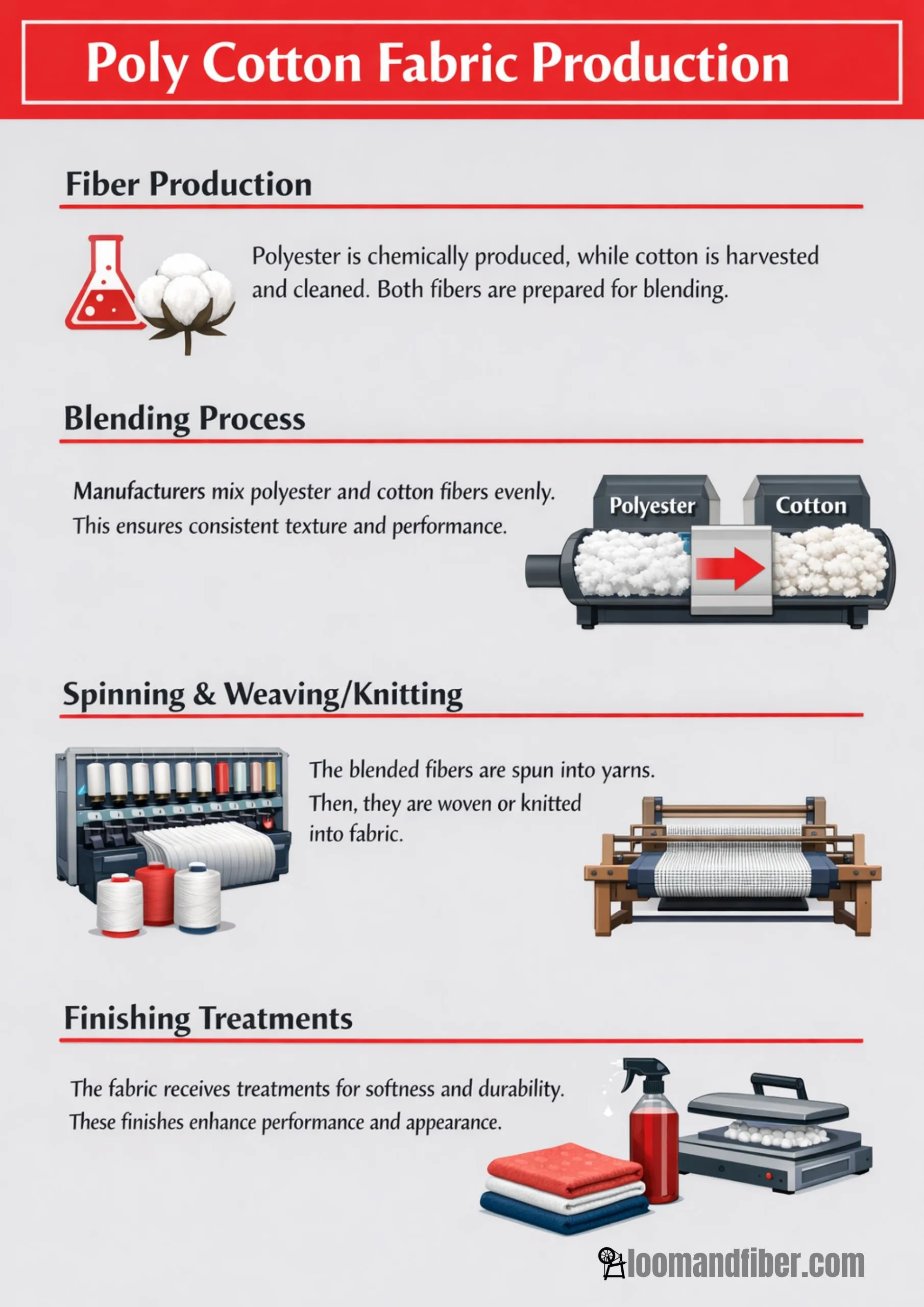  Step-by-step infographic showing poly cotton fabric production from fiber to finishing