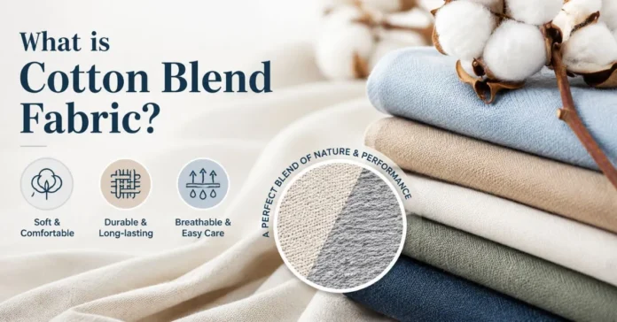 Feature image showing folded cotton blend fabrics with cotton plants and fabric texture samples