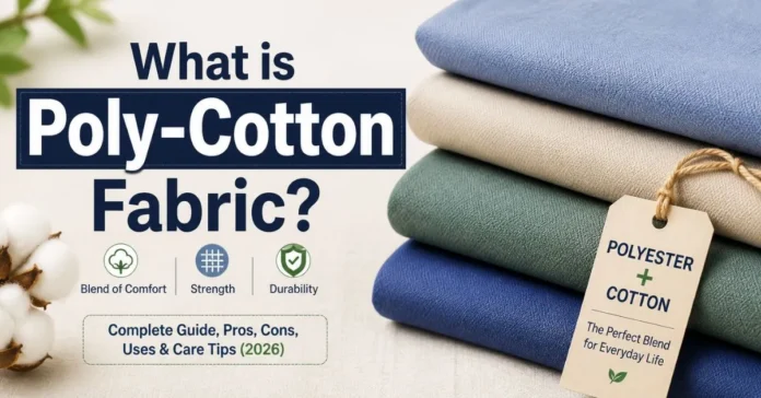 Feature image combining cotton, polyester, and fabric visuals with title text “What is Poly-Cotton Fabric?