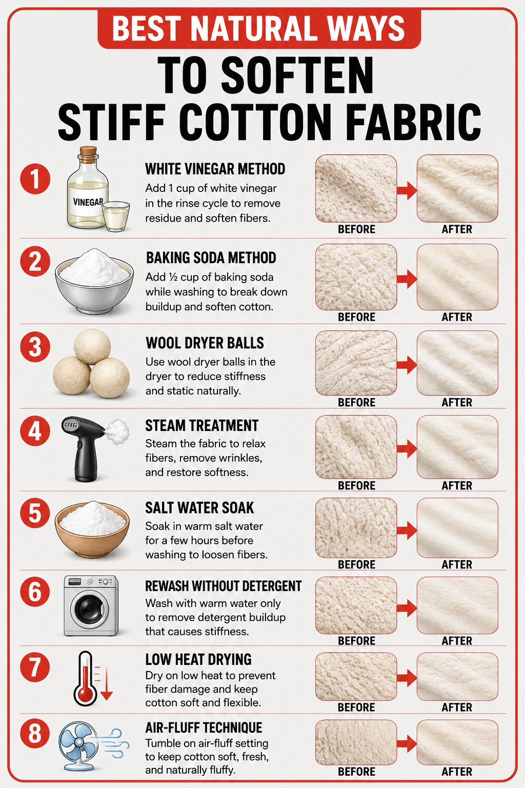 Best natural ways to soften stiff cotton fabric infographic