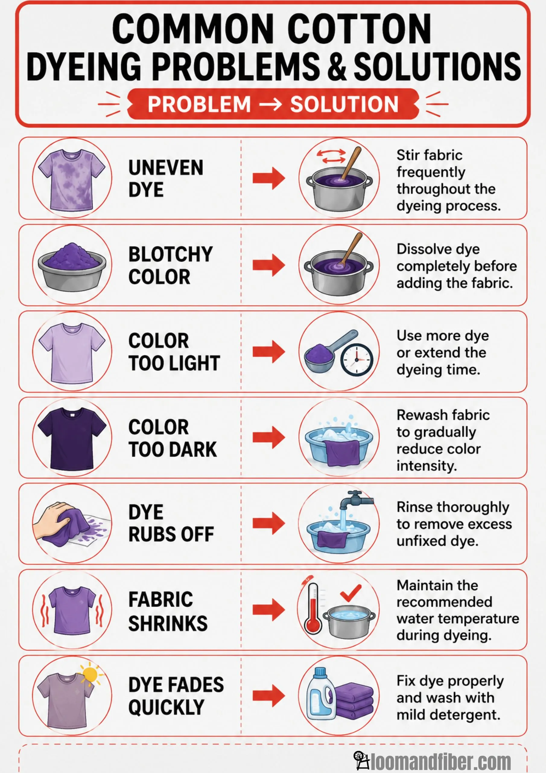 Infographic showing common cotton dyeing issues and their solutions