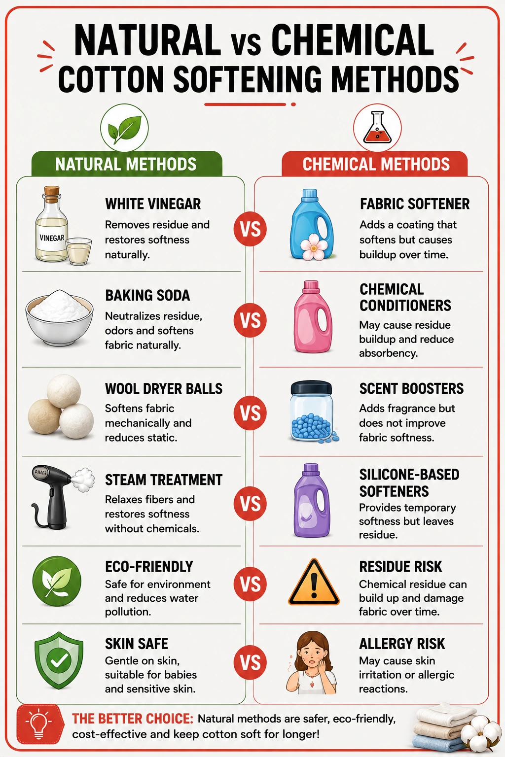 Natural vs chemical cotton softening methods comparison infographic