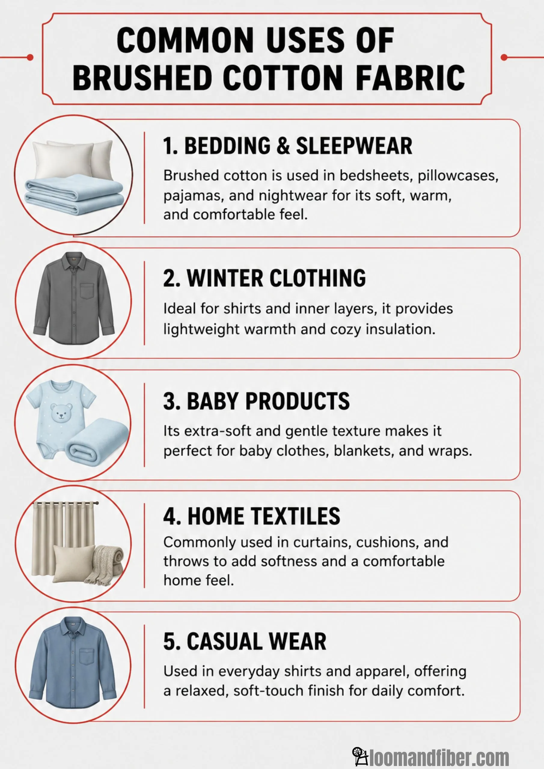 Professional infographic highlighting five popular applications of brushed cotton fabric with icons and brief explanations on a light gray background.