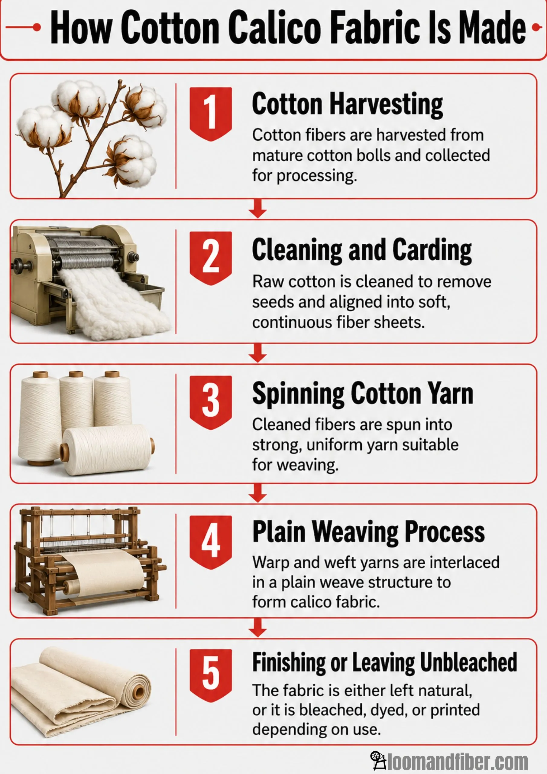 Infographic explaining five steps of calico fabric production