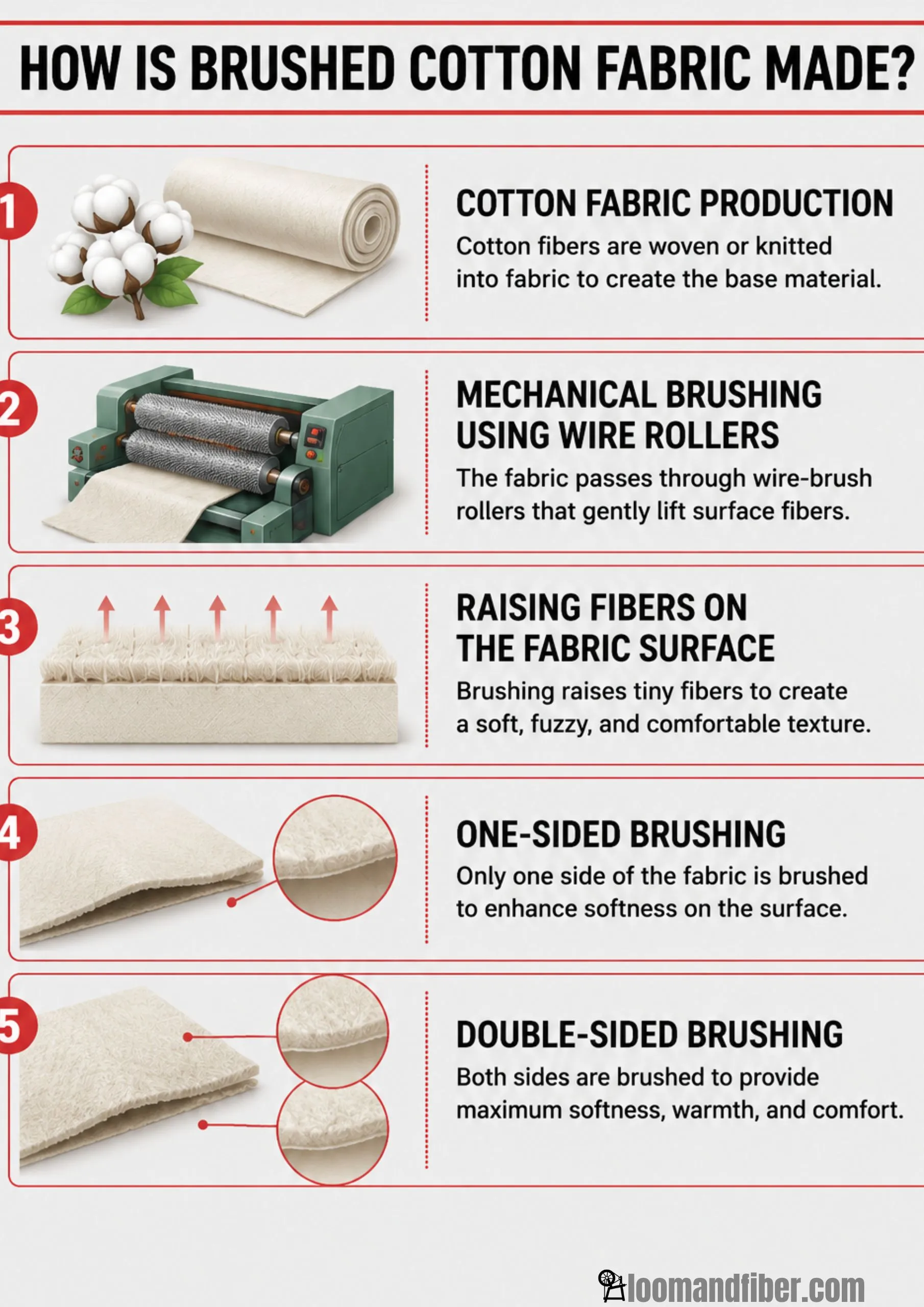 Infographic showing the brushed cotton fabric manufacturing process