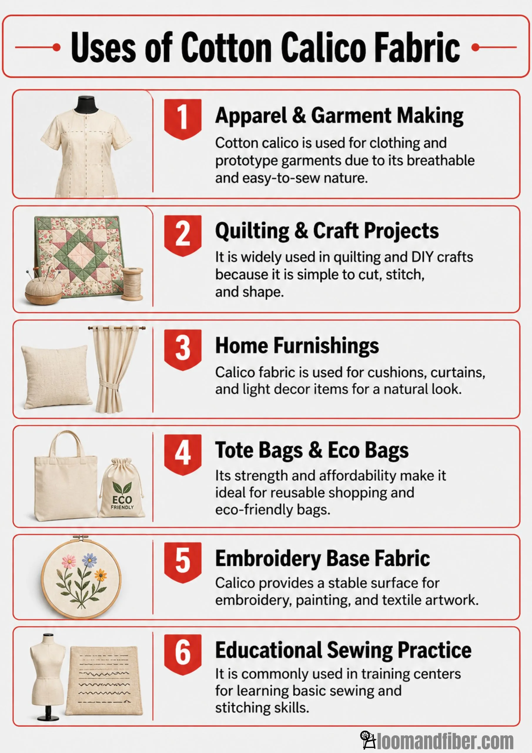  Infographic showing six uses of cotton calico fabric