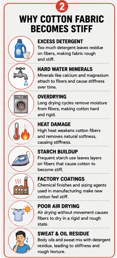 Why cotton fabric becomes stiff infographic with common causes