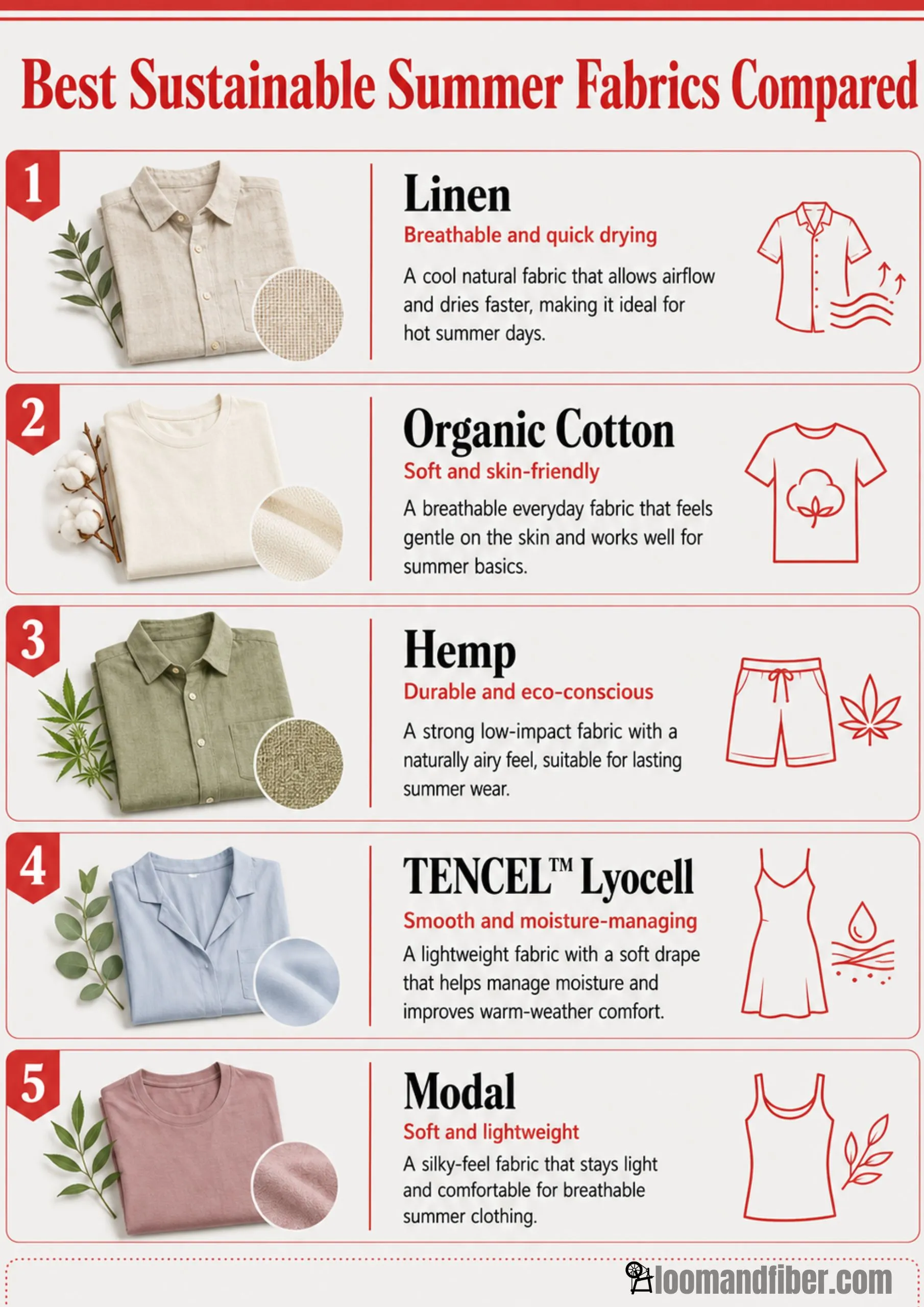Best sustainable summer fabrics compared, including linen, organic cotton, hemp, TENCEL lyocell, and modal