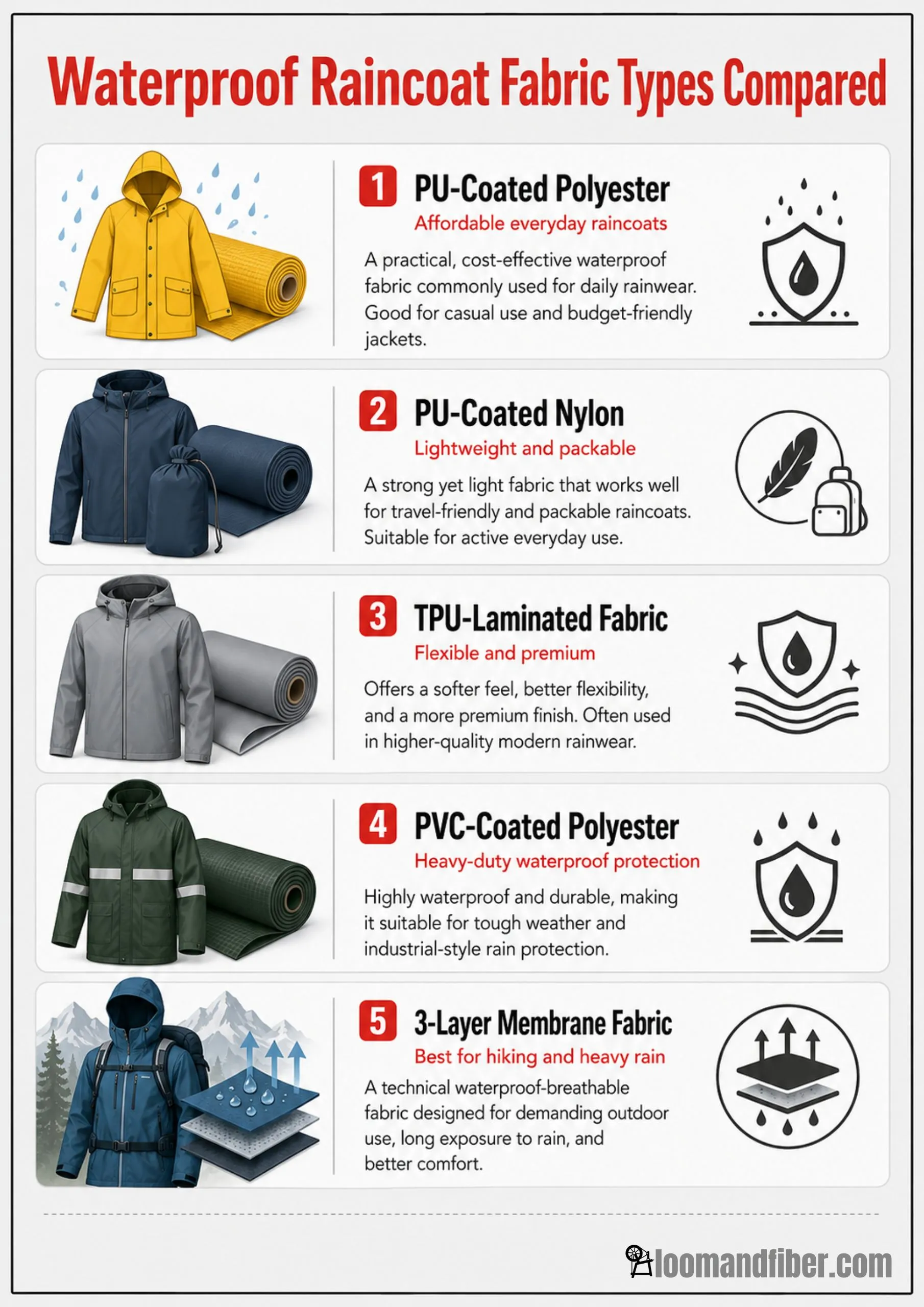 Infographic comparing waterproof raincoat fabric types and uses