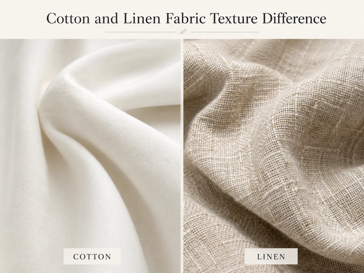 Close-up comparison of smooth cotton fabric and textured linen fabric