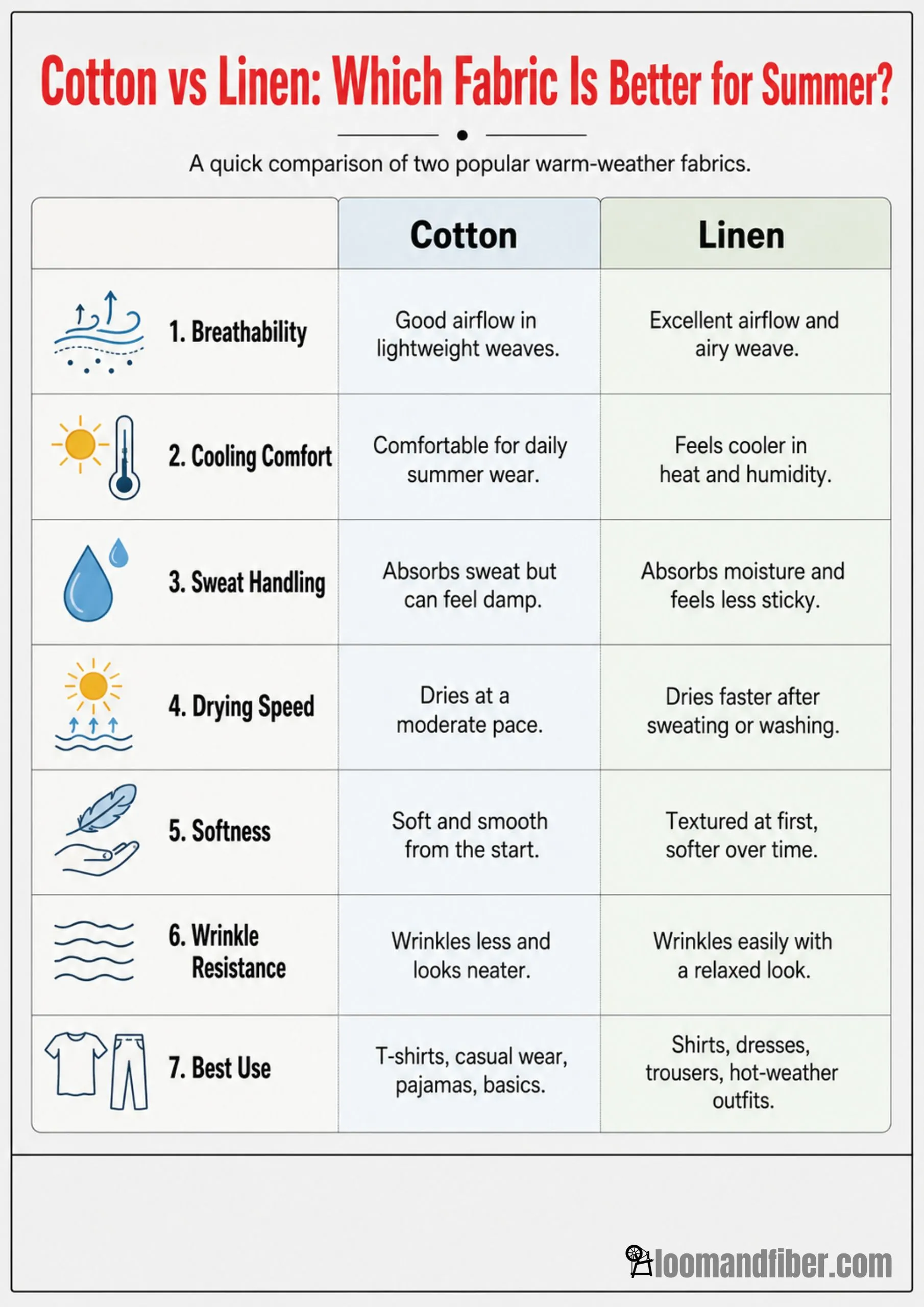 Cotton vs linen infographic comparing breathability, sweat handling, softness, and drying speed