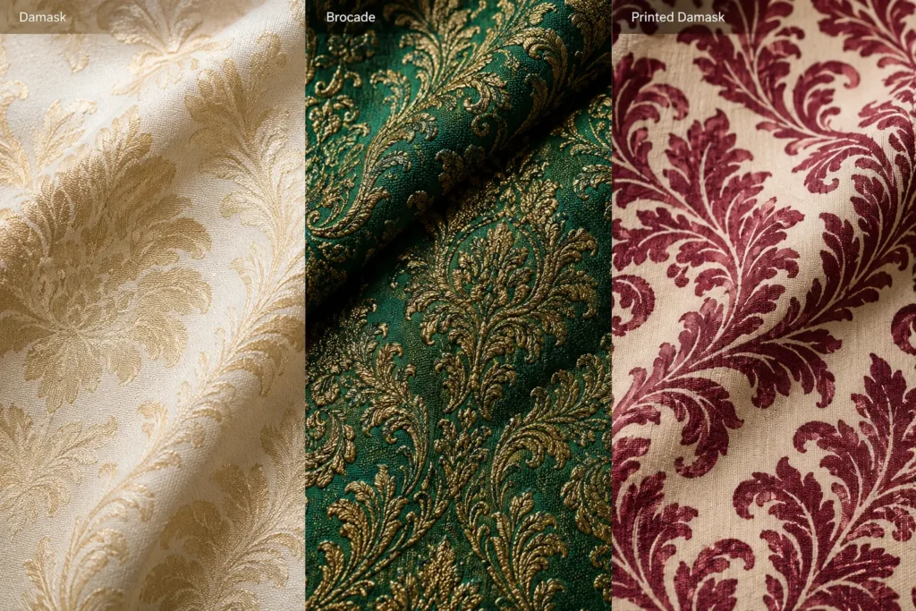 Damask, brocade, and printed damask fabrics displayed side by side for comparison