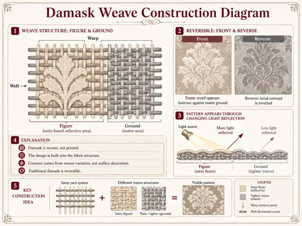 Damask weave diagram showing warp, weft, reflective figure, matte ground, and reversible pattern