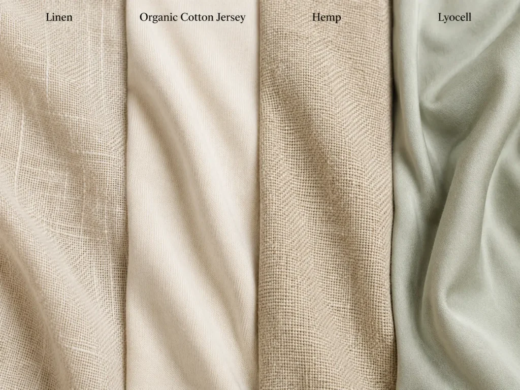 Close-up of linen, organic cotton jersey, hemp, and lyocell fabric textures side by side