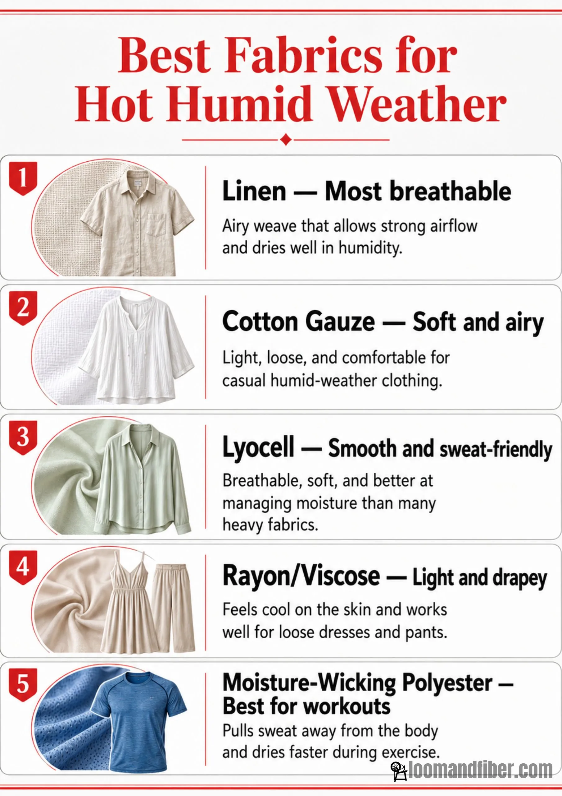 Infographic comparing linen, cotton gauze, lyocell, rayon, and moisture-wicking polyester