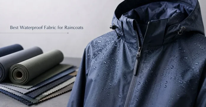 Modern waterproof raincoat with water droplets and fabric swatches