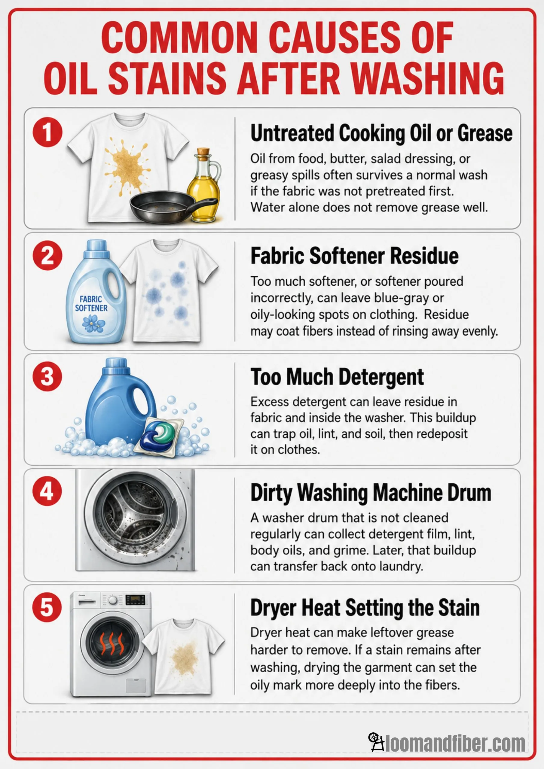 Infographic showing five common causes of oil stains after washing clothes