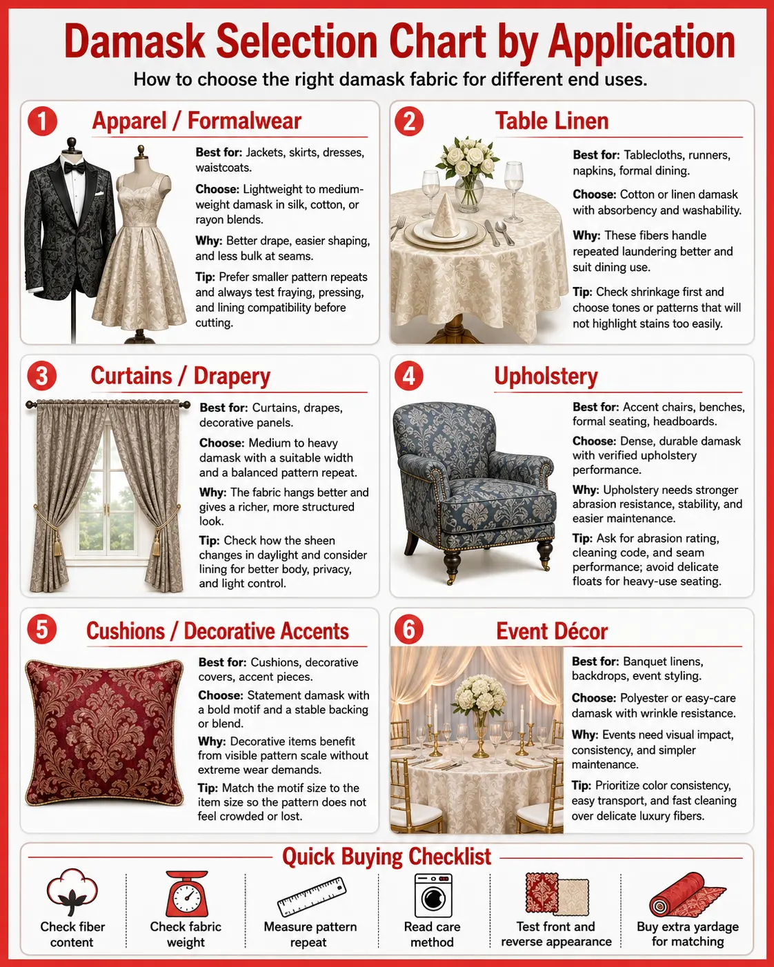 Damask fabric selection chart for clothing, table linen, curtains, upholstery, cushions, and event decor