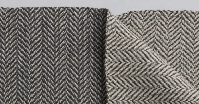 Front and reverse sides of woven herringbone fabric showing broken V-shaped ribs