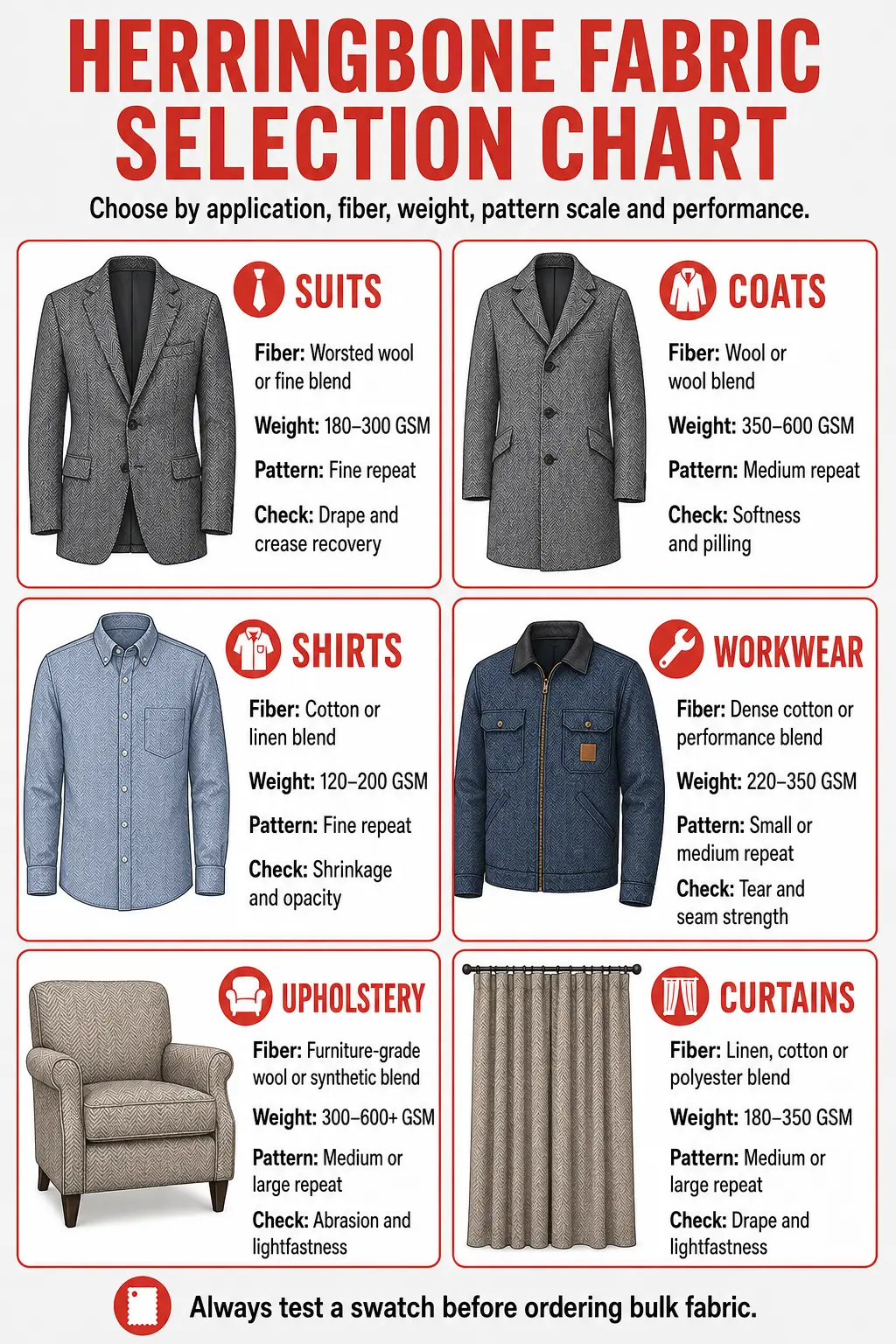 Herringbone fabric selection chart for clothing, workwear, upholstery and curtains