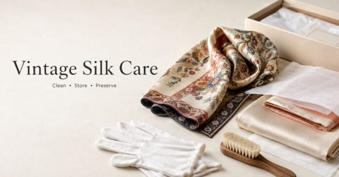 Vintage silk care with gloves, tissue paper, and folded silk fabric