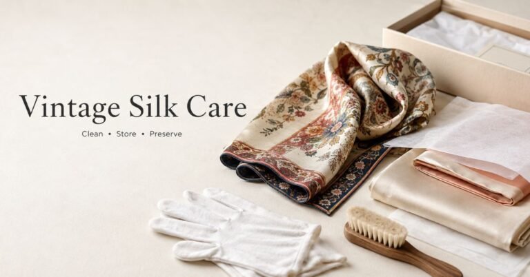Vintage silk care with gloves, tissue paper, and folded silk fabric