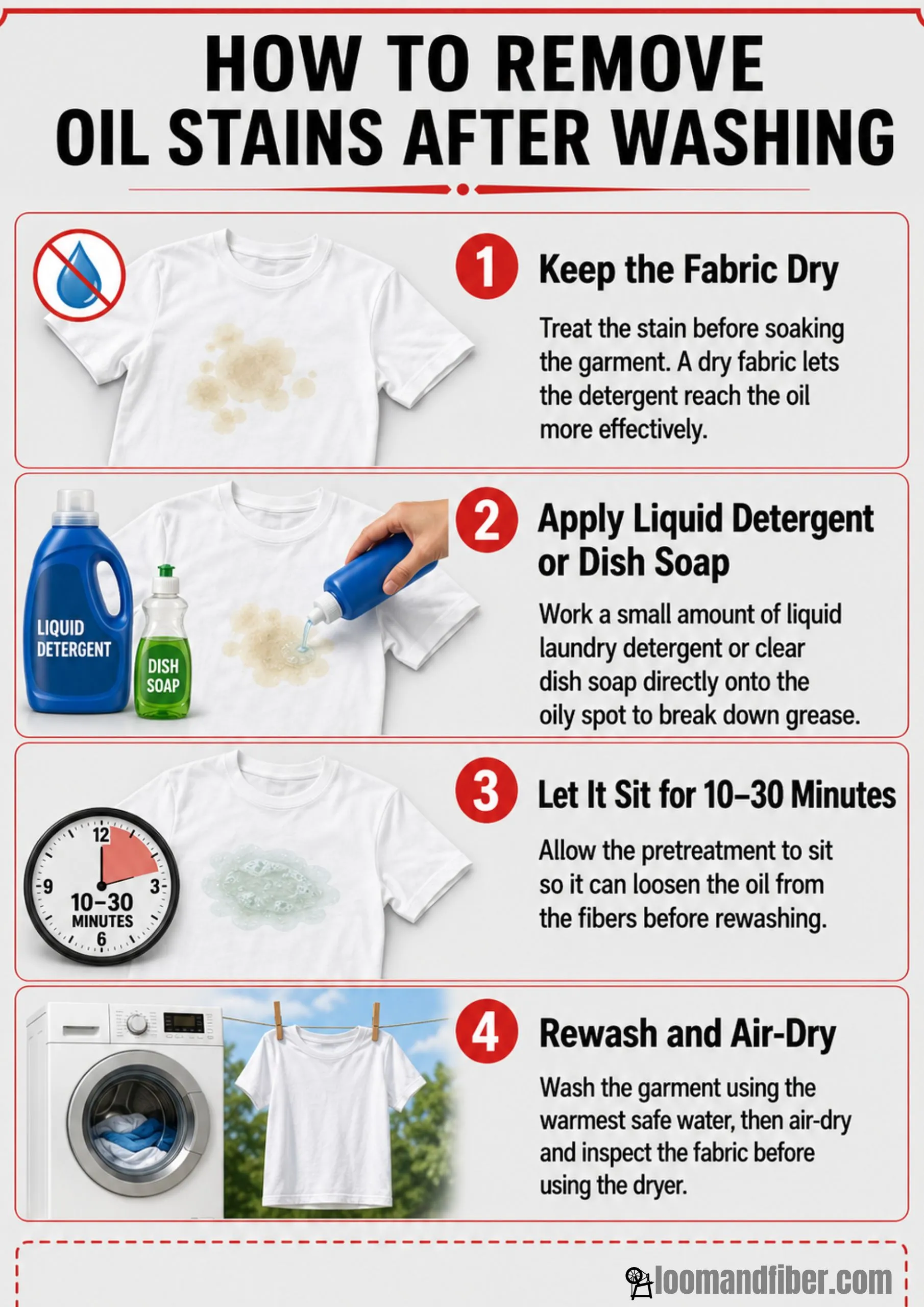 Infographic showing four steps to remove oil stains from clothes after washing