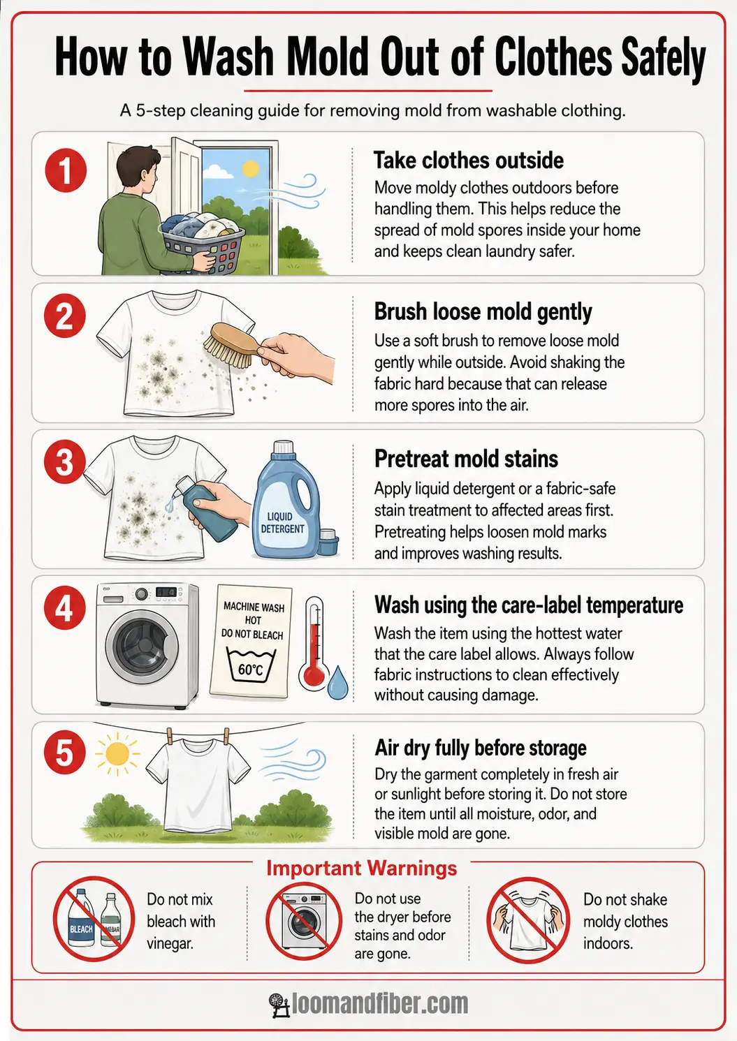 Five-step infographic explaining how to wash mold out of clothes safely
