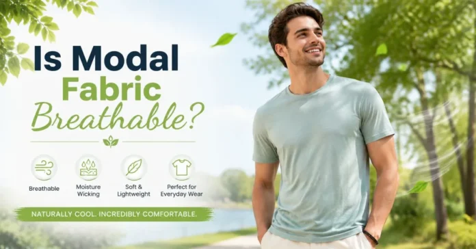 Man wearing a lightweight modal T-shirt with airflow graphics in a bright summer setting