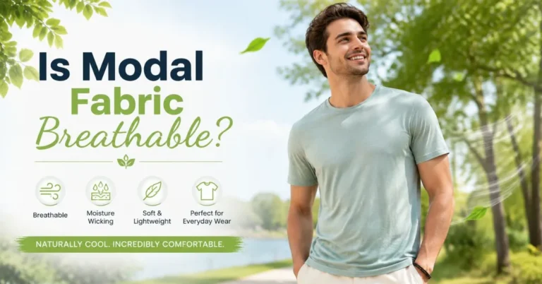 Man wearing a lightweight modal T-shirt with airflow graphics in a bright summer setting